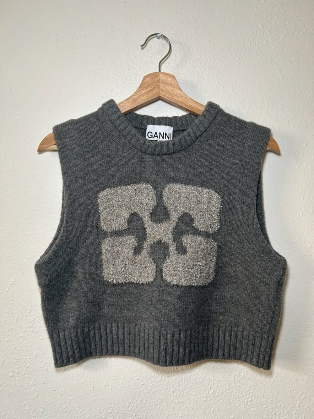 GANNI Grey Glitter Logo Wool Blend Sweater Vest
